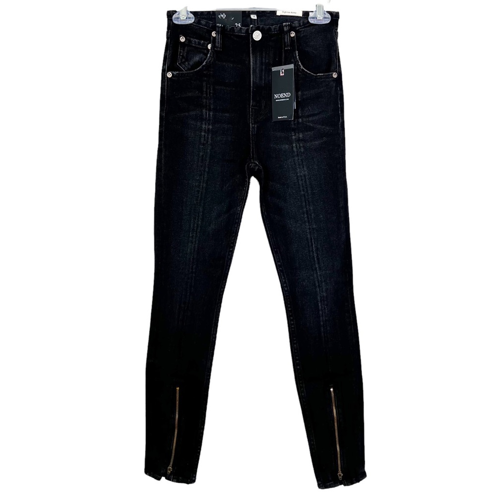 NoEnd Denim Slash Angle High Rise Zipper Ankle Skinny Jeans Washed Black 24 25